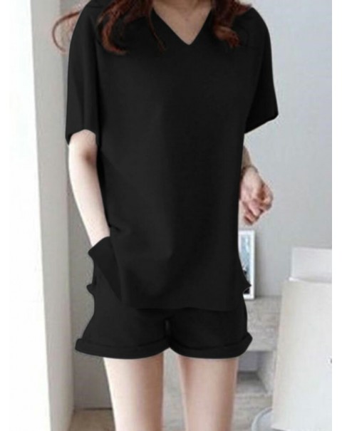 Leisure Solid Pocket V Neck Short Sleeve Suit - Black S