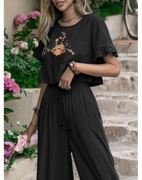 Embroidery Drawstring Waist Ruffle Wide Leg Two Pieces Suit - Black S