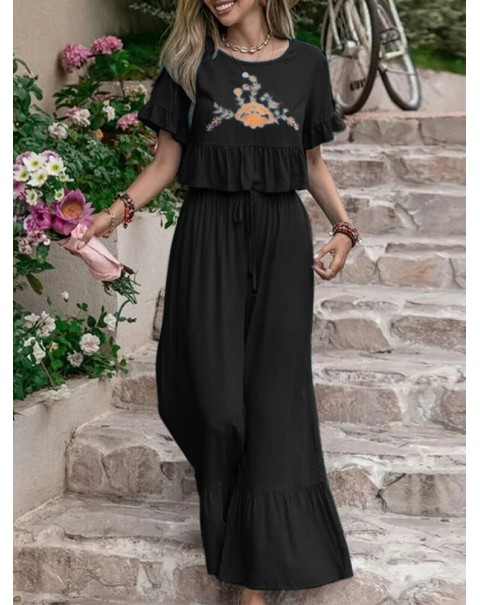 Embroidery Drawstring Waist Ruffle Wide Leg Two Pieces Suit - Black S