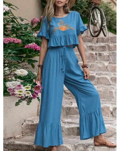 Embroidery Drawstring Waist Ruffle Wide Leg Two Pieces Suit - Black S
