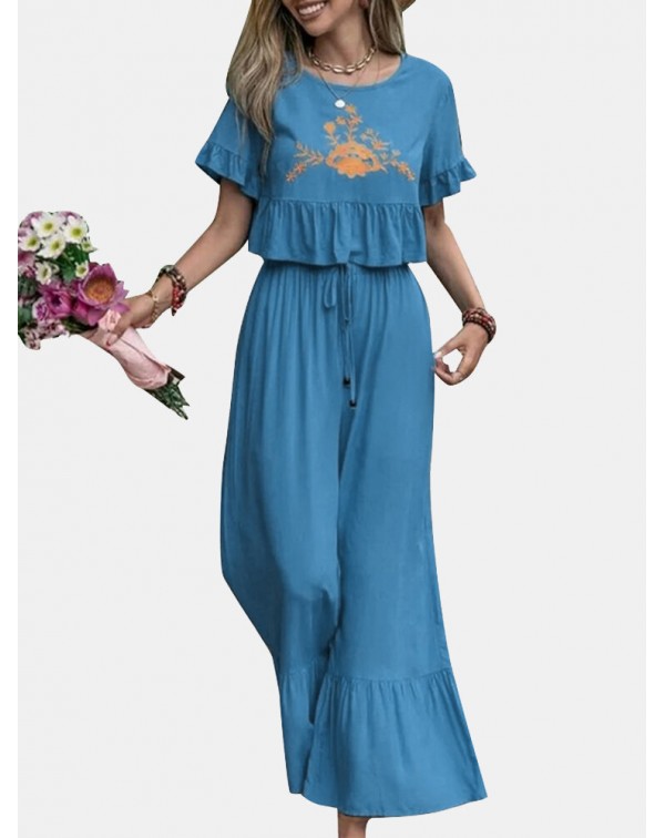 Embroidery Drawstring Waist Ruffle Wide Leg Two Pi...