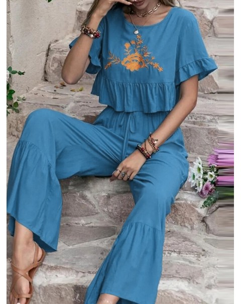 Embroidery Drawstring Waist Ruffle Wide Leg Two Pieces Suit - Black S