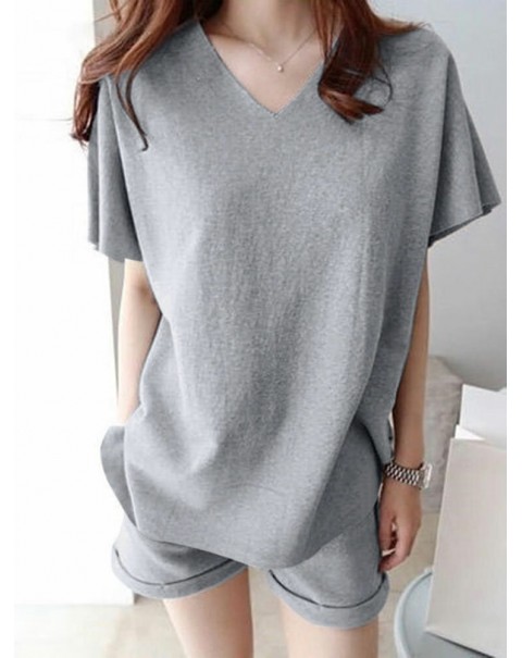 Leisure Solid Pocket V Neck Short Sleeve Suit - Black S