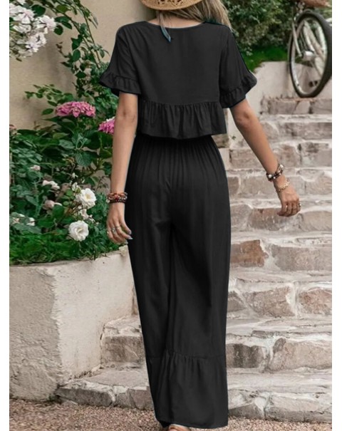 Embroidery Drawstring Waist Ruffle Wide Leg Two Pieces Suit - Black S