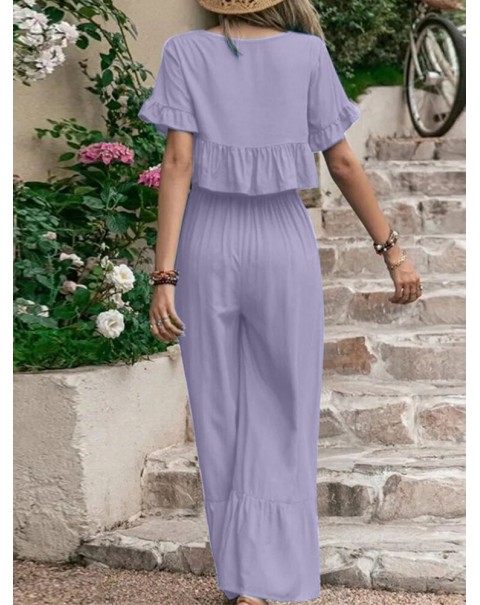 Embroidery Drawstring Waist Ruffle Wide Leg Two Pieces Suit - Black S