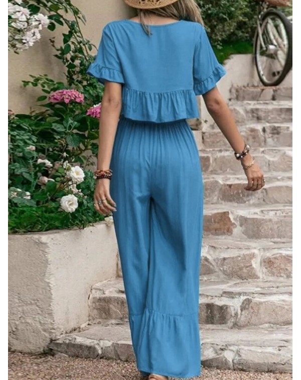 Embroidery Drawstring Waist Ruffle Wide Leg Two Pi...