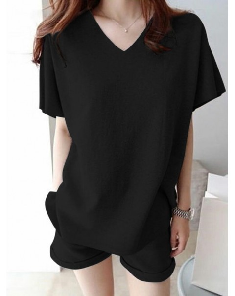 Leisure Solid Pocket V Neck Short Sleeve Suit - Black S
