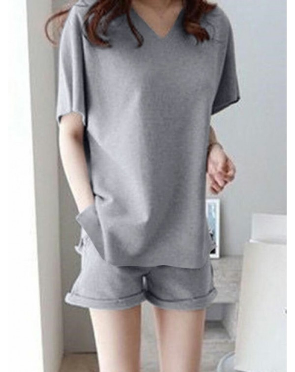 Leisure Solid Pocket V Neck Short Sleeve Suit - Bl...