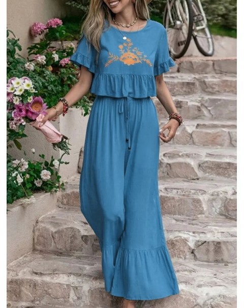 Embroidery Drawstring Waist Ruffle Wide Leg Two Pieces Suit - Black S