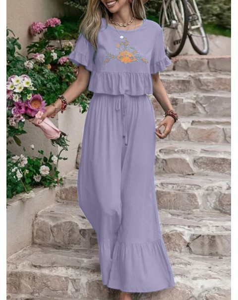 Embroidery Drawstring Waist Ruffle Wide Leg Two Pieces Suit - Black S