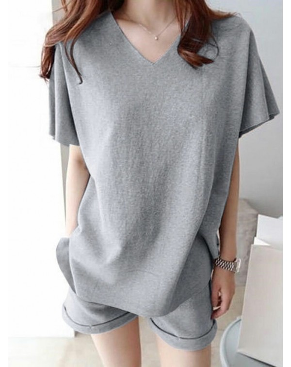 Leisure Solid Pocket V Neck Short Sleeve Suit - Bl...