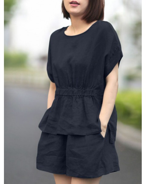 Leisure Solid Pocket Ruched High-Low Hem Elastic Waist Cotton Suit - Navy S