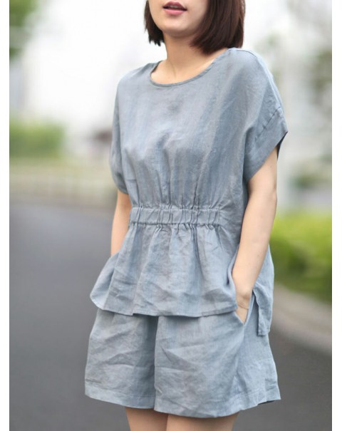 Leisure Solid Pocket Ruched High-Low Hem Elastic Waist Cotton Suit - Navy S