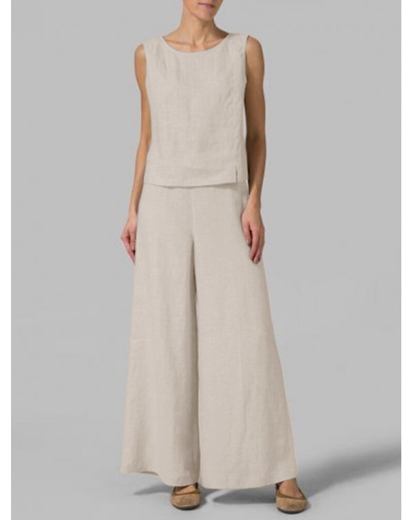 Solid Elastic Waist Sleeveless Split Round Neck Ca...