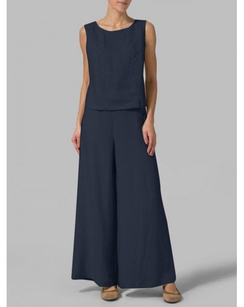 Solid Elastic Waist Sleeveless Split Round Neck Casual Cotton Suit - Navy 4XL