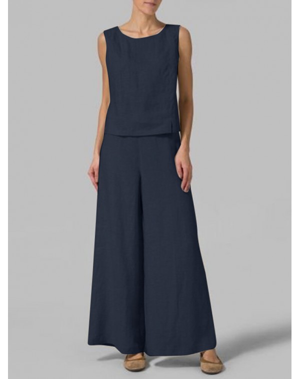 Solid Elastic Waist Sleeveless Split Round Neck Ca...