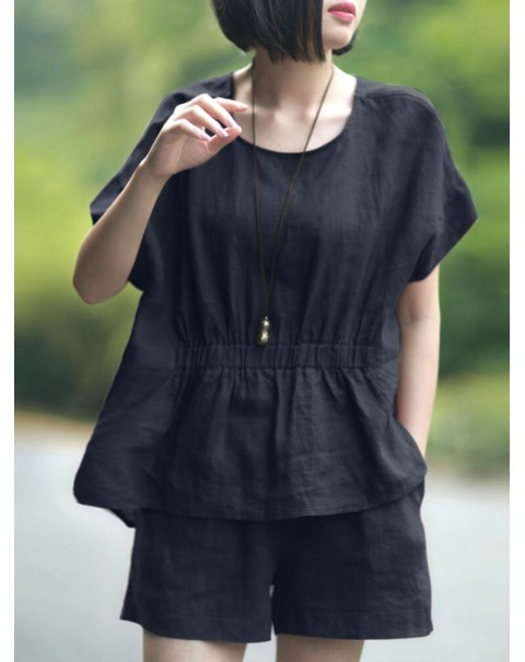 Leisure Solid Pocket Ruched High-Low Hem Elastic Waist Cotton Suit - Navy S