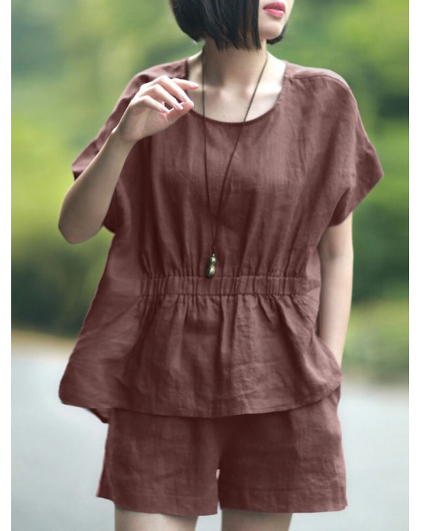 Leisure Solid Pocket Ruched High-Low Hem Elastic W...