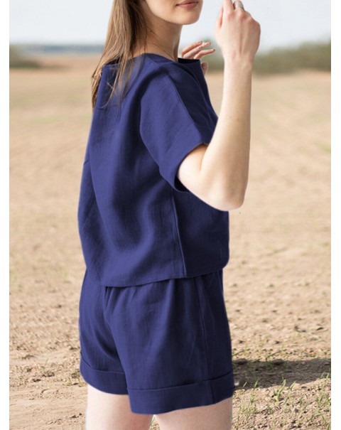 Leisure Solid Elastic Waist Pocket Short Sleeve Cotton Suit - Navy S