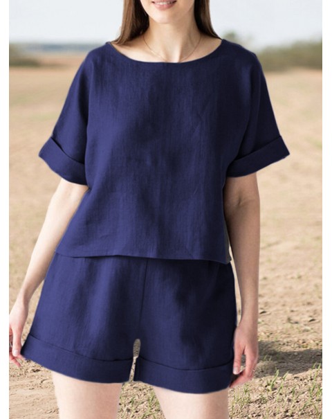 Leisure Solid Elastic Waist Pocket Short Sleeve Cotton Suit - Navy S