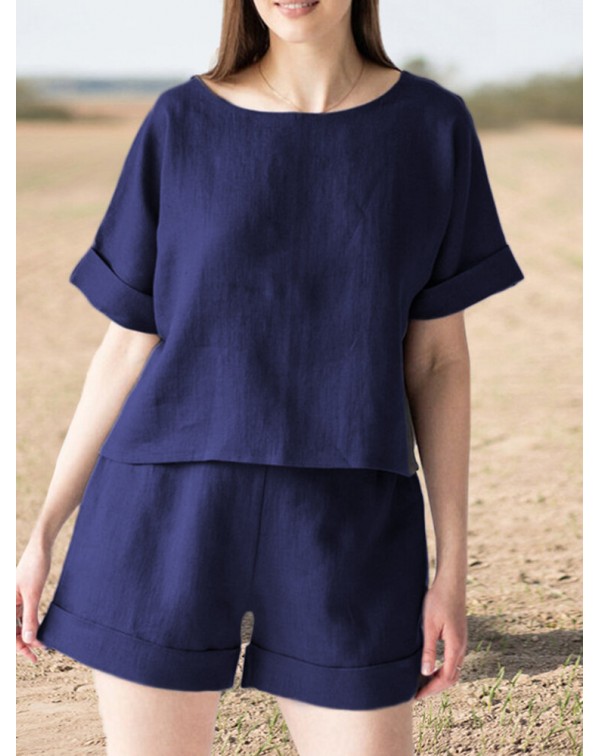 Leisure Solid Elastic Waist Pocket Short Sleeve Co...
