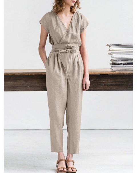 Solid Pocket Tie-Up Wrap Short Sleeve Casual Cotton Playsuit - Yellow S
