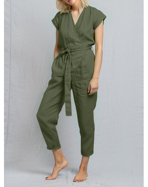 Solid Pocket Tie-Up Wrap Short Sleeve Casual Cotton Playsuit - Yellow S