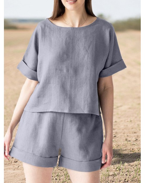 Leisure Solid Elastic Waist Pocket Short Sleeve Cotton Suit - Navy S