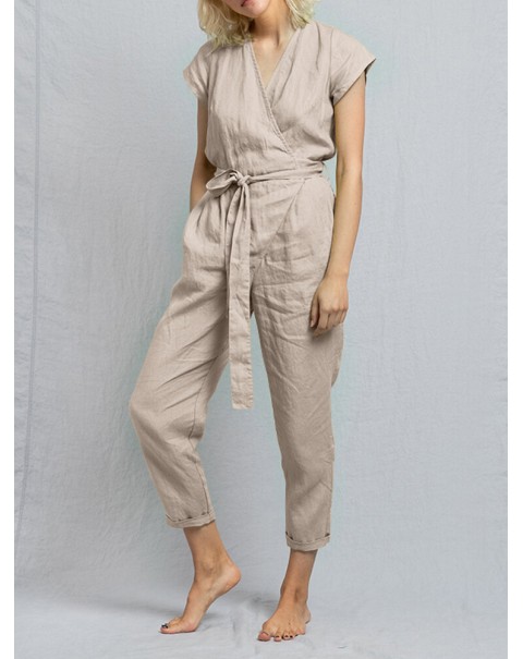 Solid Pocket Tie-Up Wrap Short Sleeve Casual Cotton Playsuit - Yellow S