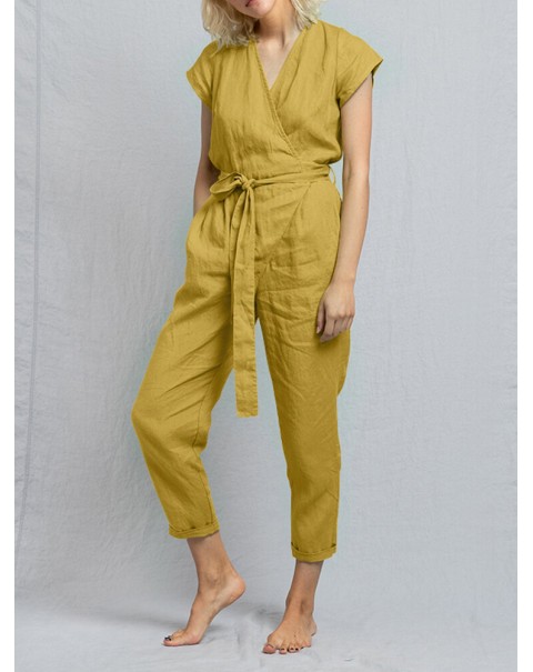 Solid Pocket Tie-Up Wrap Short Sleeve Casual Cotton Playsuit - Yellow S