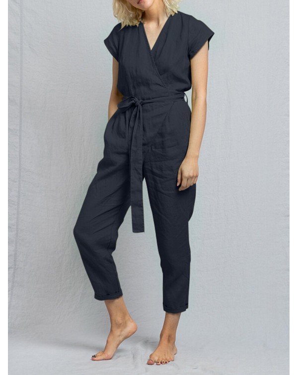Solid Pocket Tie-Up Wrap Short Sleeve Casual Cotto...