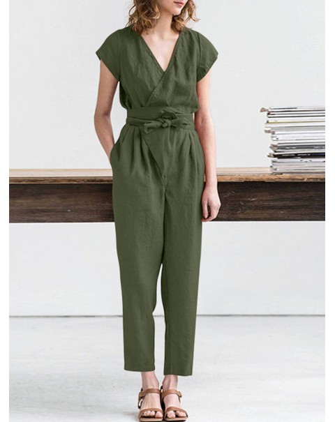 Solid Pocket Tie-Up Wrap Short Sleeve Casual Cotton Playsuit - Yellow S