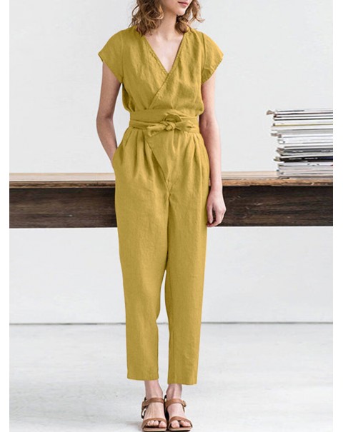 Solid Pocket Tie-Up Wrap Short Sleeve Casual Cotton Playsuit - Yellow S