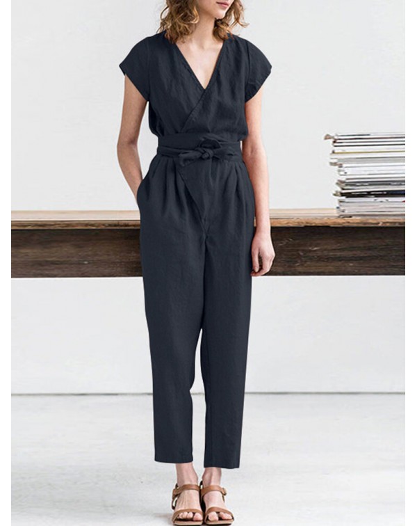 Solid Pocket Tie-Up Wrap Short Sleeve Casual Cotto...