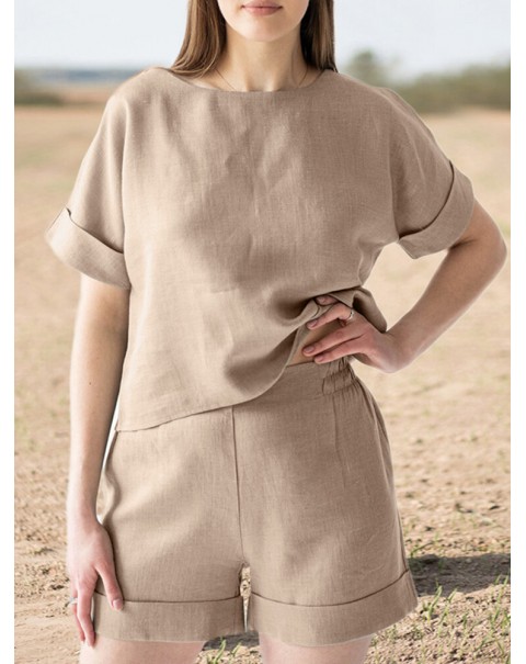 Leisure Solid Elastic Waist Pocket Short Sleeve Cotton Suit - Navy S
