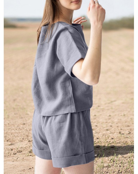 Leisure Solid Elastic Waist Pocket Short Sleeve Cotton Suit - Navy S