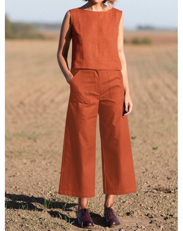 Solid Pocket Sleeveless Wide Leg Casual Cotton Sui...