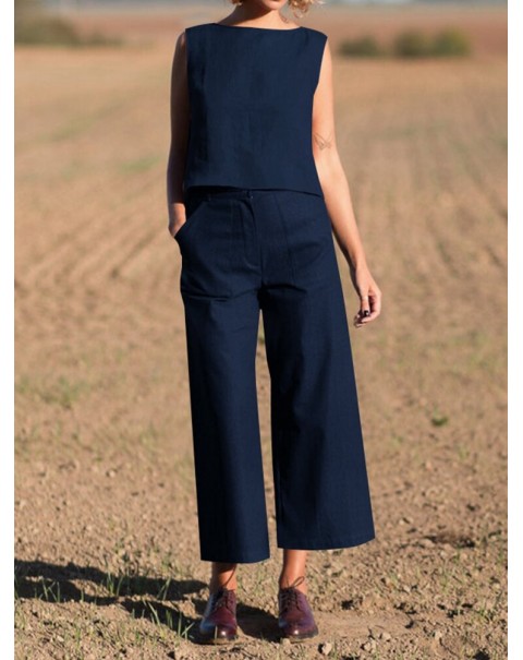 Solid Pocket Sleeveless Wide Leg Casual Cotton Suit - Navy S