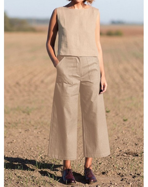 Solid Pocket Sleeveless Wide Leg Casual Cotton Suit - Navy S