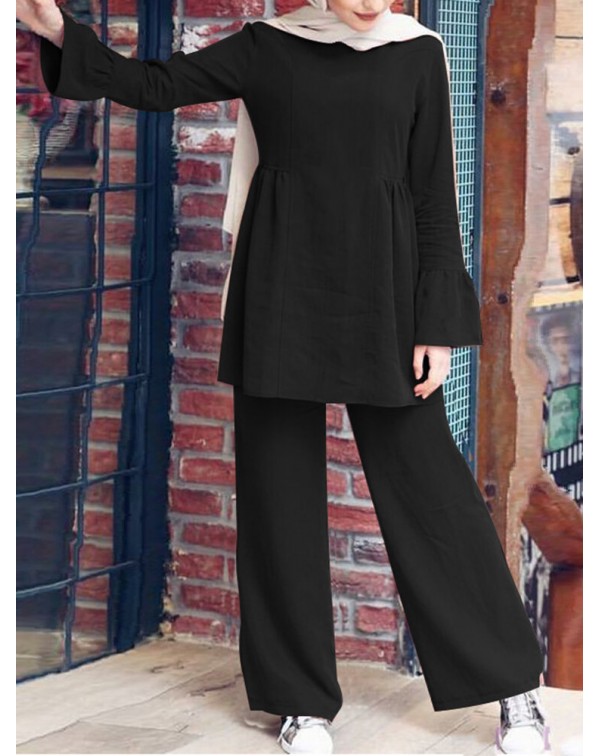 Women Solid Color Ruffle Hem Long Sleeve Top Loose...