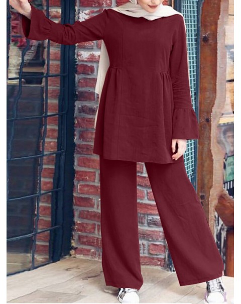 Women Solid Color Ruffle Hem Long Sleeve Top Loose Pants Casual Two-Piece Sets - Black S