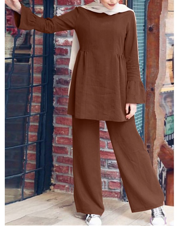 Women Solid Color Ruffle Hem Long Sleeve Top Loose...