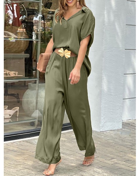 Solid Lapel Wide Leg Pocket Short Sleeve Suit - Black XL