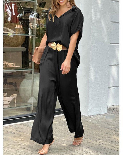 Solid Lapel Wide Leg Pocket Short Sleeve Suit - Black XL