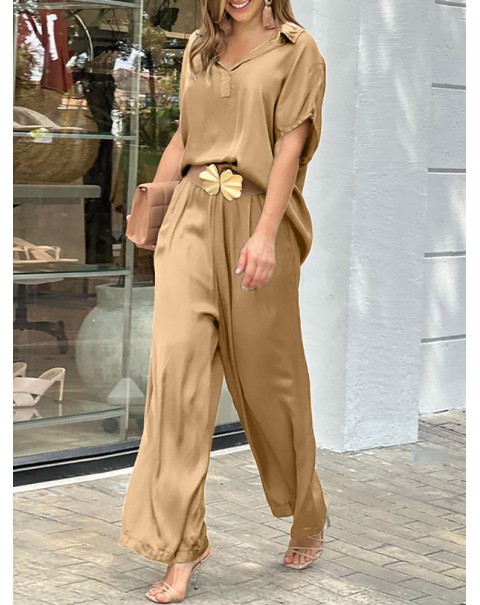 Solid Lapel Wide Leg Pocket Short Sleeve Suit - Black XL