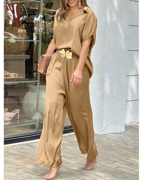 Solid Lapel Wide Leg Pocket Short Sleeve Suit - Bl...