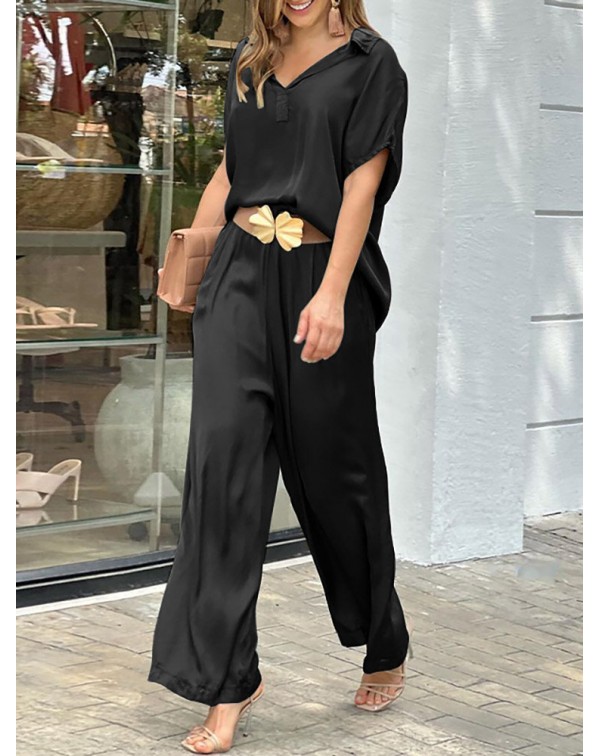 Solid Lapel Wide Leg Pocket Short Sleeve Suit - Bl...