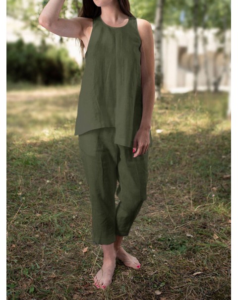 Solid Round Neck Sleeveless Irregular Hem Casual Cotton Suit - Navy S