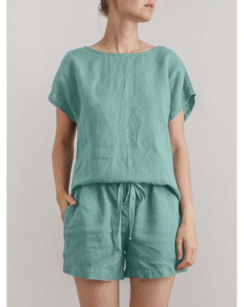 Solid Elastic Waist Pocket Short Sleeve Cotton Casual Suit - Green S