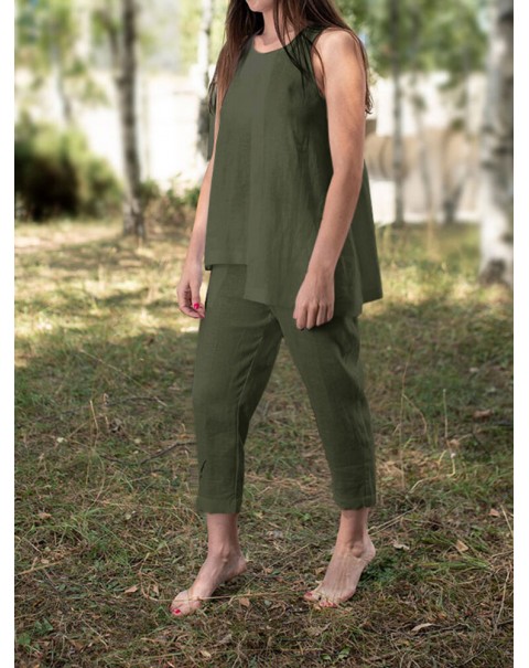 Solid Round Neck Sleeveless Irregular Hem Casual Cotton Suit - Navy S